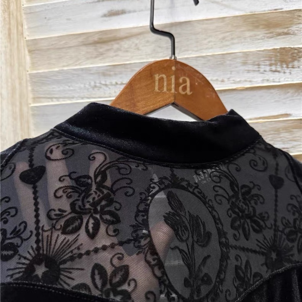 Disturbia Cameo Floral Flocked Mesh Velour High Neck Top 6 - Picture 6 of 6